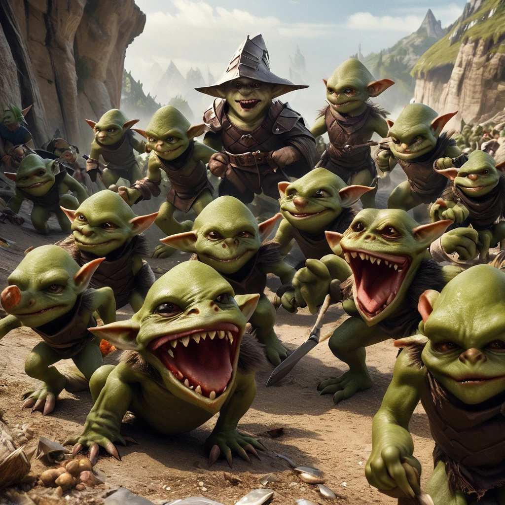 a squad of elite goblins, goblin sized toad, fighter goblin, cleric goblin, wizard goblin, thief goblin, evil goblins, cowardly goblins, garbage heroic armor, high quality, detailed, photo realistic, fantasy art