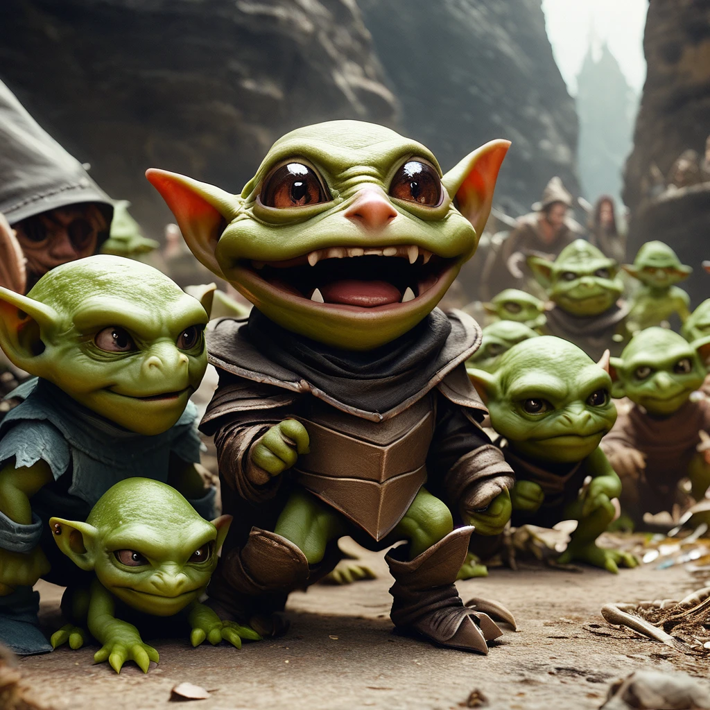 a squad of elite goblins, goblin sized toad, fighter goblin, cleric goblin, wizard goblin, thief goblin, evil goblins, cowardly goblins, garbage heroic armor, high quality, detailed, photo realistic, fantasy art