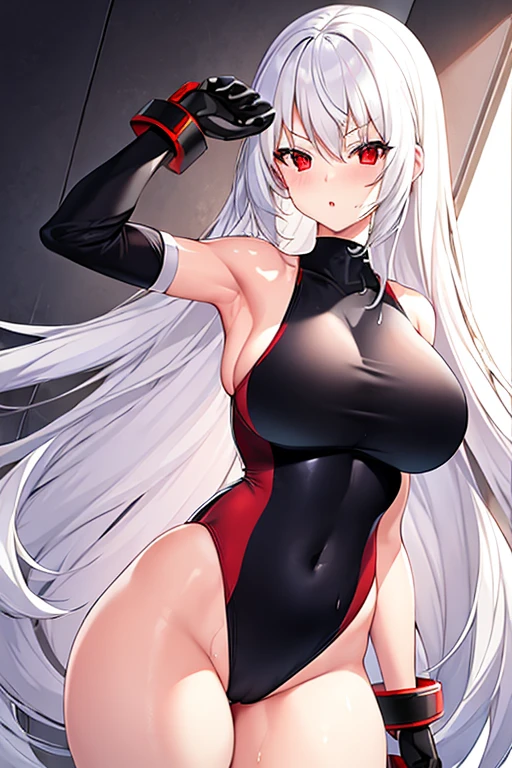1girl, white hair, long hair, red eyes, serious, glowing eyes, large breasts, thick thighs, mature female, athletic female, toned, one-piece swimsuit, competition swimsuit, long sleeves, sleeves, gloves, black one-piece swimsuit, wet