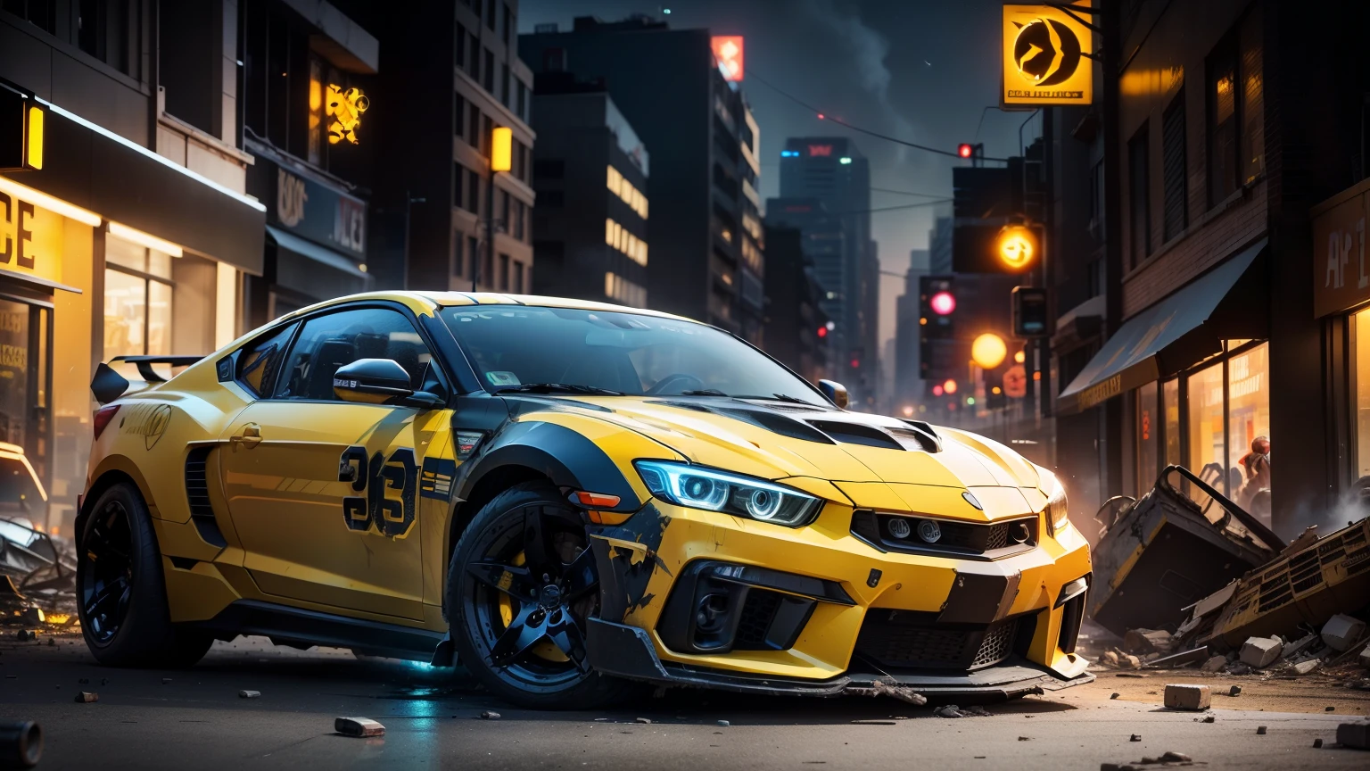 Transformers' Bumblebee, the iconicautobot in vibrant yellow and black, barrels through the night, leaving a trail of chaos and destruction in a once-peaceful small city. Amidst the rubble, soft neon lights from abandoned storefronts flicker, casting an eerie glow over the scene. The bumblebee shape is still recognizable amidst the wreckage, a stark reminder of the relentless power that lie dormant within these machines.