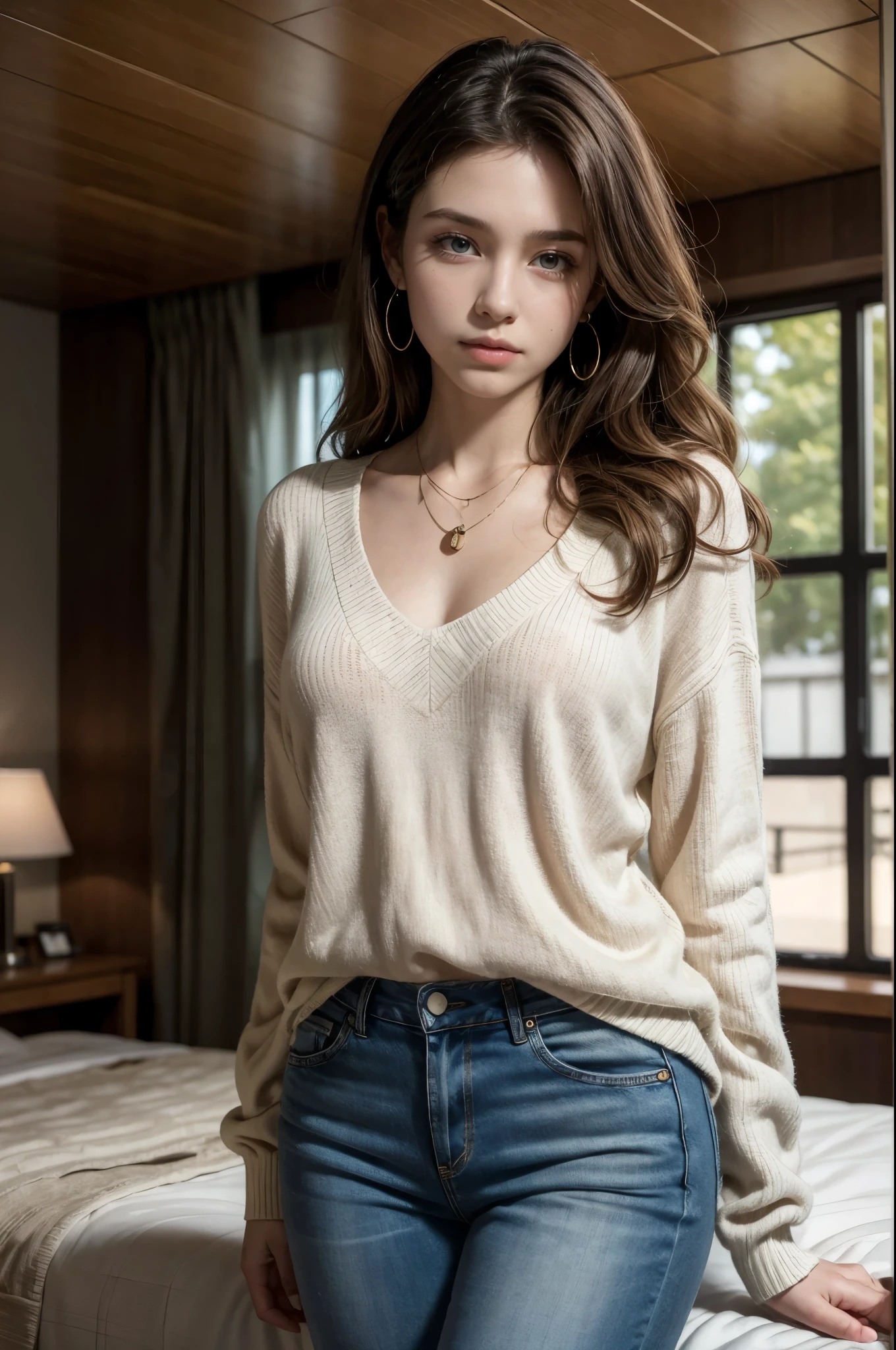 (masterpiece:1.2, highest quality), (Realistic, photoRealistic:1.4), (Natural Side Lighting, Cinema Lighting), Written boundary depth, Beautiful thighs staring at the viewer, (Face Focus, Upper Body), 1 female, 20-year-old, alone, (With background Hotel Rooms) , slender body, Long Hair, Curly Hair, amount, sweater, jeans, Earrings, necklace, Are standing,