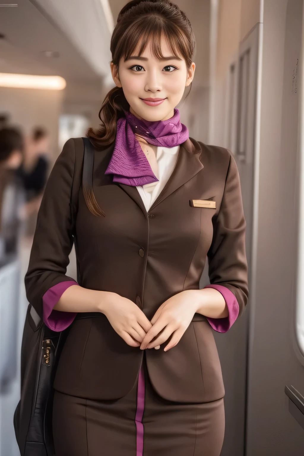 (masterpiece:1.2、highest quality:1.2)、32K HDR、High resolution、(alone、1 girl、Slim figure)、(A realistic reproduction of the ETIHAD Airways Cabincrew Uniform)、 (On board, Professional Lighting)、A proper woman, Beautiful Face,、(Long sleeve ETIHAD Airways Cabincrew Uniform)、(ETIHAD Airways Cabincrew Uniform skirt with purple stripe on the front)、(scarf on chest)、Big Breasts、(Long Hair Up、Hair Bun)、Dark brown hair、Long Shot、((Great hands:2.0))、((Harmonious body proportions:1.5))、((Normal limbs:2.0))、((Normal finger:2.0))、((Delicate eyes:2.0))、((Normal eyes:2.0)))、Beautiful standing posture、smile、Hands folded underneath