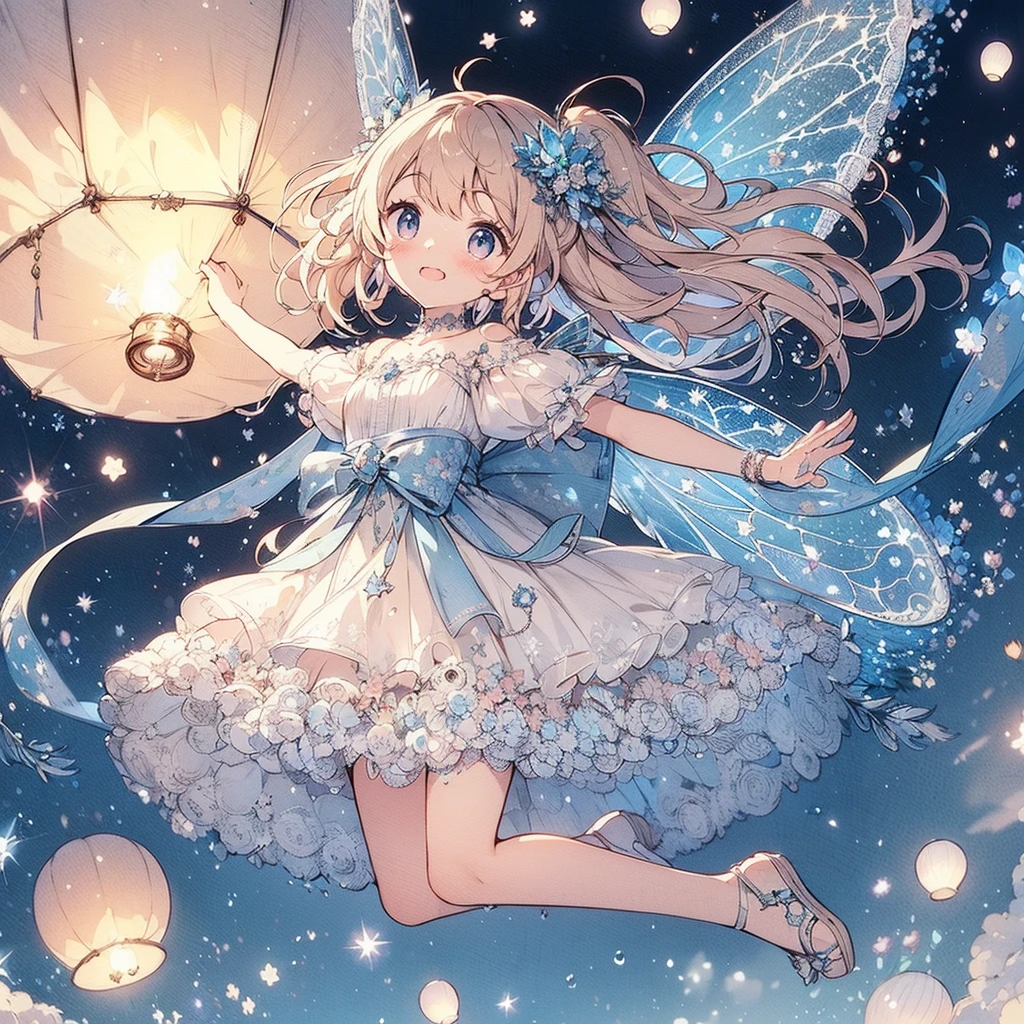 (An exquisite and beautiful highly detailed masterpiece, High quality and high resolution),(A cute and delicate illustration of a beautiful girl in pastel colors with a neat and clear face drawn with thin lines),A fairy happily flying in the sky against the background of sky lanterns flying beautifully into the sky on a sparkling starry night,A fairy with beautiful fairy wings growing from her back, wearing a frilly dress with an open neckline and knee-high socks decorated with lace, frills and ribbons, and a corset.,She is wearing a tiara, necklace, earrings and bracelet.,(A fair-skinned, short eyebrowed fairy with pale pink cheeks, a small toothless mouth with plump pink lips, beautiful eyes, and a fairly large, fluffy bust.),Lanterns fly up into the sky and the moon, stars and shooting stars are visible,Watercolor illustrations with vibrant colors, striking colors, and dynamic angles,Dream Cute,