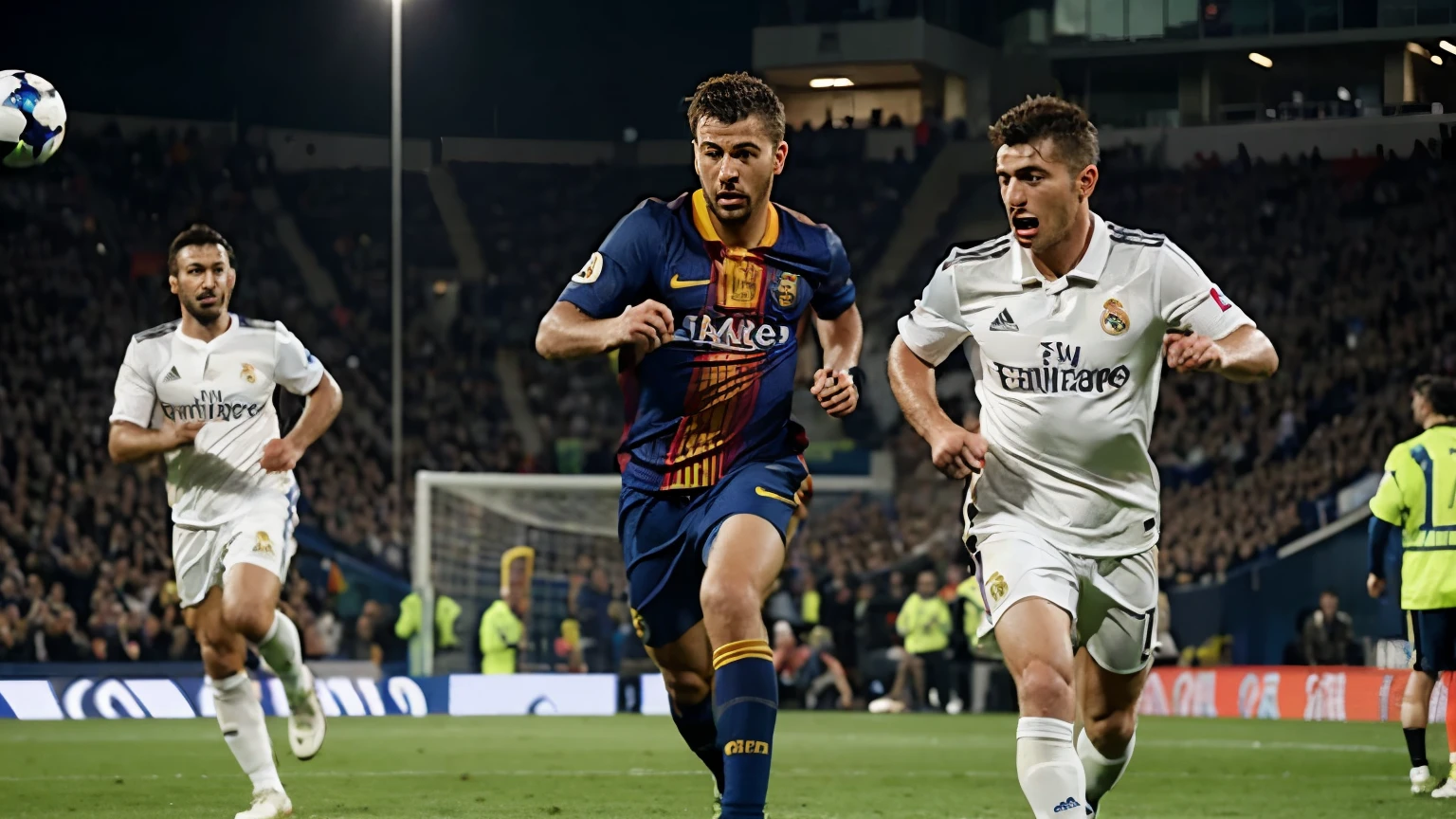 A guy from Barcelona running after the Champions Cup drops the football with another Real Madrid player behind the Barcelona player 