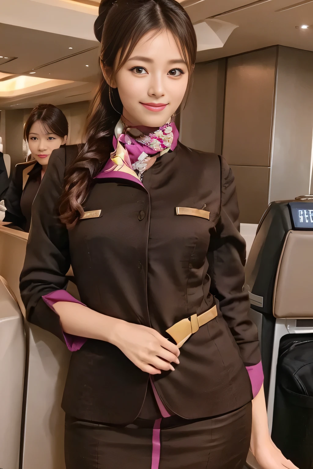 (masterpiece:1.2、highest quality:1.2)、32K HDR、High resolution、(alone、1 girl、Slim figure)、(A realistic reproduction of the ETIHAD Airways Cabincrew Uniform)、 (At the airport counter, Professional Lighting)、Airport counter wall background、A proper woman, Beautiful Face,、(Long sleeve ETIHAD Airways Cabincrew Uniform)、(ETIHAD Airways Cabincrew Uniform skirt with purple stripe on the front)、(scarf on chest)、Big Breasts、(Long Hair Up、Hair Bun)、Dark brown hair、Long Shot、((Great hands:2.0))、((Harmonious body proportions:1.5))、((Normal limbs:2.0))、((Normal finger:2.0))、((Delicate eyes:2.0))、((Normal eyes:2.0)))、Beautiful standing posture、smile、Place your hands around your stomach
