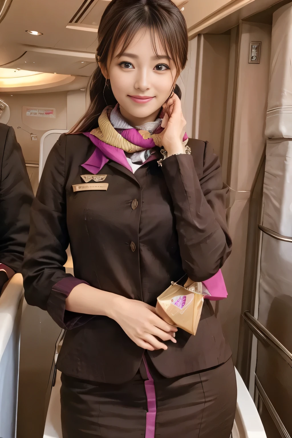 (masterpiece:1.2、highest quality:1.2)、32K HDR、High resolution、(alone、1 girl、Slim figure)、(A realistic reproduction of the ETIHAD Airways Cabincrew Uniform)、 (At the airport counter, Professional Lighting)、Airport counter wall background、A proper woman, Beautiful Face,、(Long sleeve ETIHAD Airways Cabincrew Uniform)、(ETIHAD Airways Cabincrew Uniform skirt with purple stripe on the front)、(scarf on chest)、Big Breasts、(Long Hair Up、Hair Bun)、Dark brown hair、Long Shot、((Great hands:2.0))、((Harmonious body proportions:1.5))、((Normal limbs:2.0))、((Normal finger:2.0))、((Delicate eyes:2.0))、((Normal eyes:2.0)))、Beautiful standing posture、smile、Place your hands around your stomach