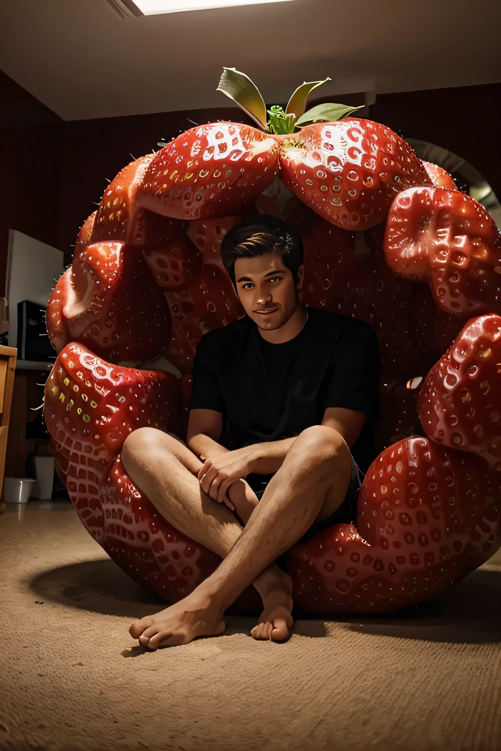 man sitting inside a giant strawberry