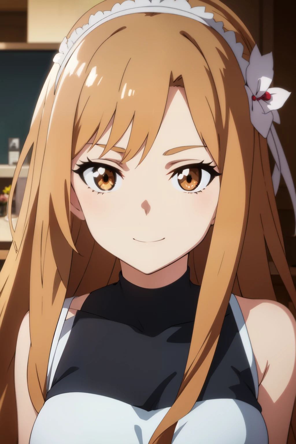 Anime background art, bottom of room, one bed, standing, beautiful anime scenes, 4K anime art wallpaper, 4k anime art wallpaper, Rosla global illumination, anime girl, best quality, detailed, 1 girl, alone, same as LORA, same as lora, closed mouth, smile, light brown hair color, head accessory, long hair, defined eyes, light brown eyes, looking at viewer, perfect face, perfect eyes, lora costume, big tits.