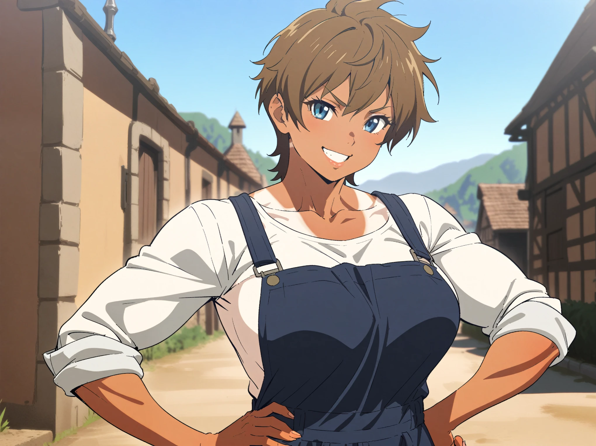 {{upper body}} {{Artist: sincos}} 1girl, solo, tomboy, mature female, muscular female, brown hair, short hair, blue eyes, tan, tanlines, lips, large breasts, white shirt, sleeves rolled up, blue overalls, smile, teeth, looking at viewer, hand on own hip, clear sky, village, medieval fantasy.