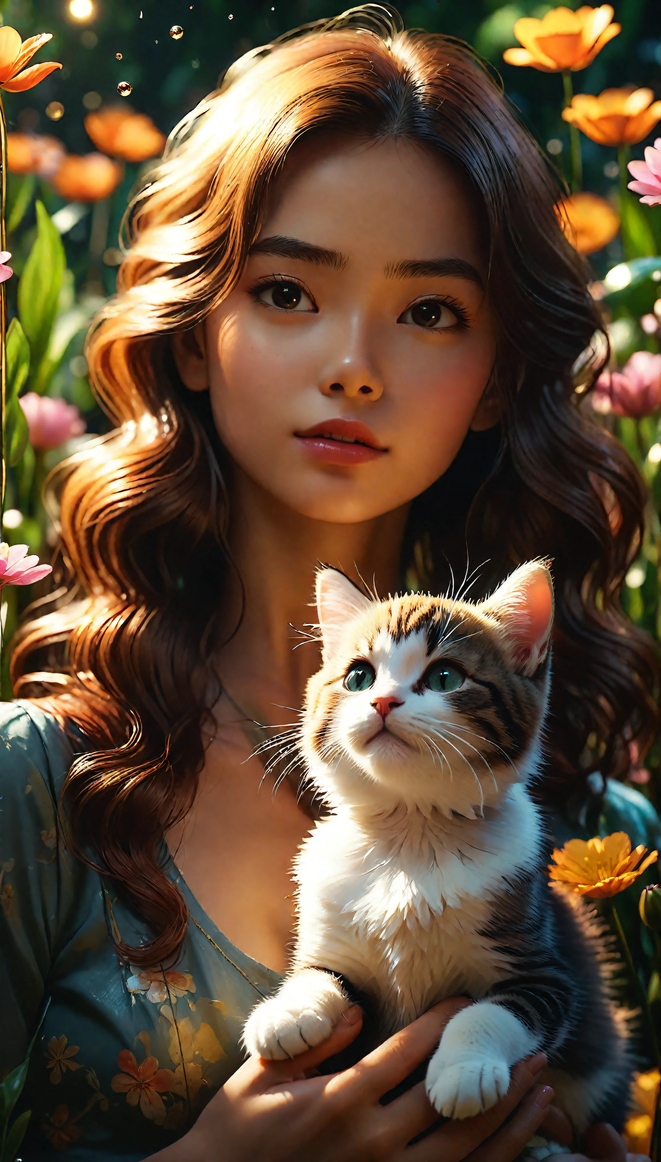 ((Masterpiece in maximum 16K resolution):1.6),((soft_color_photograpy:)1.5), ((Ultra-Detailed):1.4),((Movie-like still images and dynamic angles):1.3). | (Macro shot cinematic photo of beautiful Girl's and her cute cat), (Beautiful Girl), (focus on the cute Cat), (macro lens), (flower garden with a pond), (summer light), (tyndall effect), (Warm atmosphere), (shimmer), (light reflections), (visual experience),(Realism), (Realistic),award-winning graphics, dark shot, film grain, extremely detailed, Digital Art, rtx, Unreal Engine, scene concept anti glare effect, All captured with sharp focus. | Rendered in ultra-high definition with UHD and retina quality, this masterpiece ensures anatomical correctness and textured skin with super detail. With a focus on high quality and accuracy, this award-winning portrayal captures every nuance in stunning 16k resolution, immersing viewers in its lifelike depiction. | ((perfect_composition, perfect_design, perfect_layout, perfect_detail, ultra_detailed)), ((enhance_all, fix_everything)), More Detail, Enhance.