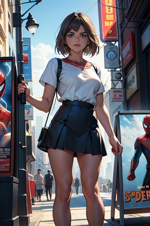 Jenna Louise Coleman、マーベルコミックの映画Poster、so beautiful、Movies about Spider-Man、sexy、whole body、Wearing a skirt、Premiere Date、Poster、belly buttonを突き出す、new york、She&#39;s wearing a ripped Spiderman suit、The suit is torn、Wearing a skirt、Red and black color scheme、dynamic、masterpiece、highest quality、Super detailed、Very detailed、Delicate and beautiful shine、Ultra-high resolution、Cinematic、break、breakドロップ、(Torn clothes:1.5)、(Wet clothes:1.4)、Bare shoulders、Real Rain、Wet Hair、belly button、Exposed Skin、sexyな肩を披露