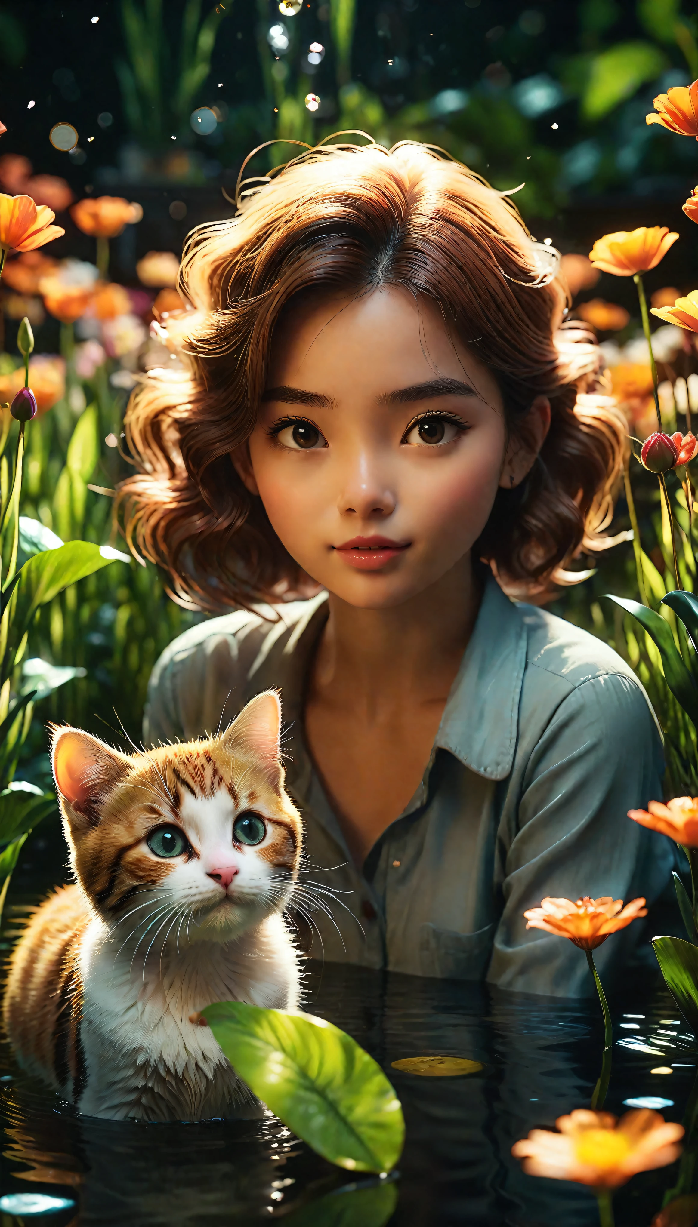 ((Masterpiece in maximum 16K resolution):1.6),((soft_color_photograpy:)1.5), ((Ultra-Detailed):1.4),((Movie-like still images and dynamic angles):1.3). | (Macro shot cinematic photo of beautiful Girl's and her cute cat), (Beautiful Girl), (focus on the cute Cat), (macro lens), (flower garden with a pond), (summer light), (tyndall effect), (Warm atmosphere), (shimmer), (light reflections), (visual experience),(Realism), (Realistic),award-winning graphics, dark shot, film grain, extremely detailed, Digital Art, rtx, Unreal Engine, scene concept anti glare effect, All captured with sharp focus. | Rendered in ultra-high definition with UHD and retina quality, this masterpiece ensures anatomical correctness and textured skin with super detail. With a focus on high quality and accuracy, this award-winning portrayal captures every nuance in stunning 16k resolution, immersing viewers in its lifelike depiction. | ((perfect_composition, perfect_design, perfect_layout, perfect_detail, ultra_detailed)), ((enhance_all, fix_everything)), More Detail, Enhance.