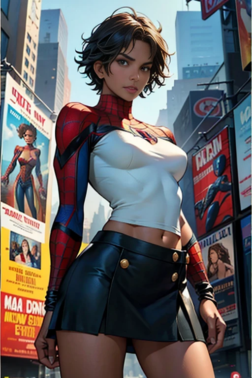 Halle Berry、マーベルコミックの映画Poster、so beautiful、Movies about Spider-Man、sexy、whole body、Wearing a skirt、Premiere Date、Poster、belly buttonを突き出す、new york、She's wearing a ripped Spiderman suit、The suit is torn、Wearing a skirt、Red and black color scheme、dynamic、masterpiece、highest quality、Super detailed、Very detailed、Delicate and beautiful shine、Ultra-high resolution、Cinematic、break、breakドロップ、(Torn clothes:1.5)、(Wet clothes:1.4)、Bare shoulders、Real Rain、Wet Hair、belly button、Exposed Skin、sexyな肩を披露