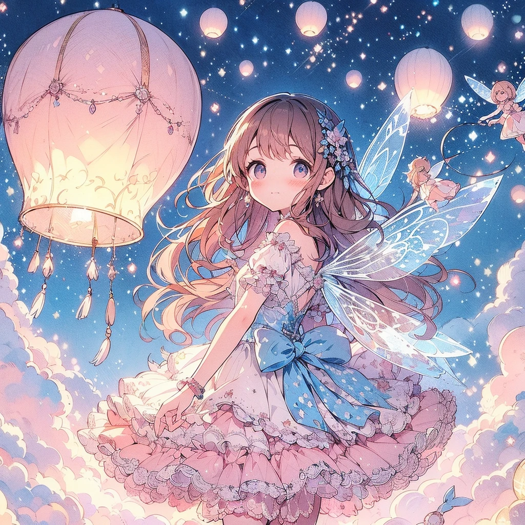 (An exquisite and beautiful highly detailed masterpiece, High quality and high resolution),(A cute and delicate illustration of a beautiful girl in pastel colors with a neat and clear face drawn with thin lines),A fairy happily flying in the sky against the background of sky lanterns flying beautifully into the sky on a sparkling starry night,A fairy with beautiful fairy wings growing from her back, wearing a frilly dress with an open neckline and knee-high socks decorated with lace, frills and ribbons, and a corset.,She is wearing a tiara, necklace, earrings and bracelet.,(A fair-skinned, short eyebrowed fairy with pale pink cheeks, a small toothless mouth with plump pink lips, beautiful eyes, and a fairly large, fluffy bust.),Lanterns fly up into the sky and the moon, stars and shooting stars are visible,Watercolor illustrations with vibrant colors, striking colors, and dynamic angles,Dream Cute,