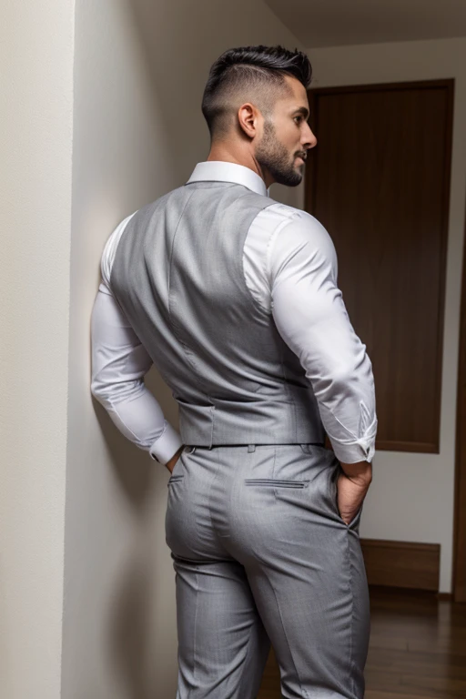 Beautiful man 30 years old, muscular body, barba rala, mas seu rosto esta iluminado pela fogueira. Gray formal trousers ((backside))