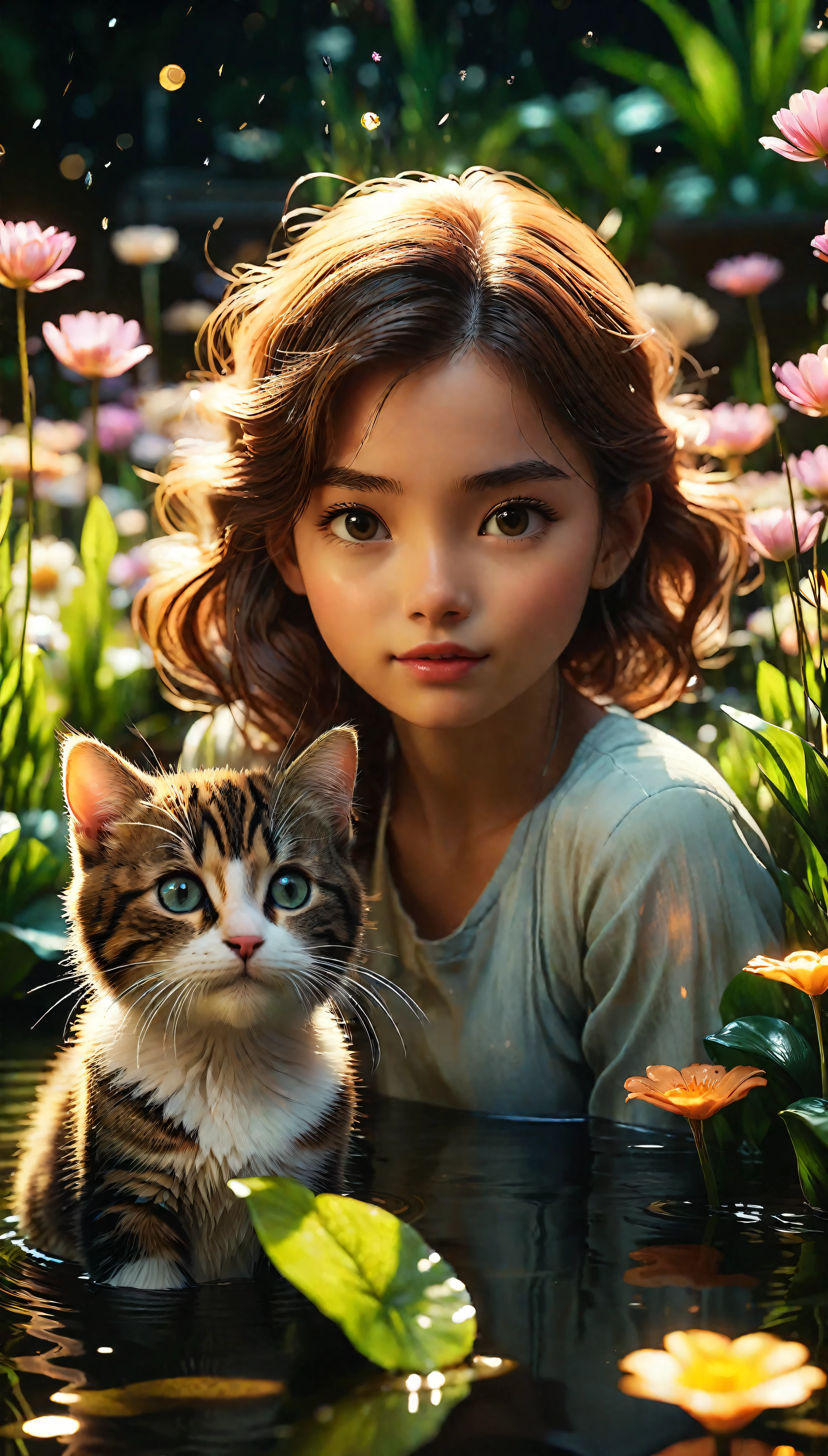((Masterpiece in maximum 16K resolution):1.6),((soft_color_photograpy:)1.5), ((Ultra-Detailed):1.4),((Movie-like still images and dynamic angles):1.3). | (Macro shot cinematic photo of beautiful Girl's and her cute cat), (Beautiful Girl), (focus on the cute Cat), (macro lens), (flower garden with a pond), (summer light), (tyndall effect), (Warm atmosphere), (shimmer), (light reflections), (visual experience),(Realism), (Realistic),award-winning graphics, dark shot, film grain, extremely detailed, Digital Art, rtx, Unreal Engine, scene concept anti glare effect, All captured with sharp focus. | Rendered in ultra-high definition with UHD and retina quality, this masterpiece ensures anatomical correctness and textured skin with super detail. With a focus on high quality and accuracy, this award-winning portrayal captures every nuance in stunning 16k resolution, immersing viewers in its lifelike depiction. | ((perfect_composition, perfect_design, perfect_layout, perfect_detail, ultra_detailed)), ((enhance_all, fix_everything)), More Detail, Enhance.