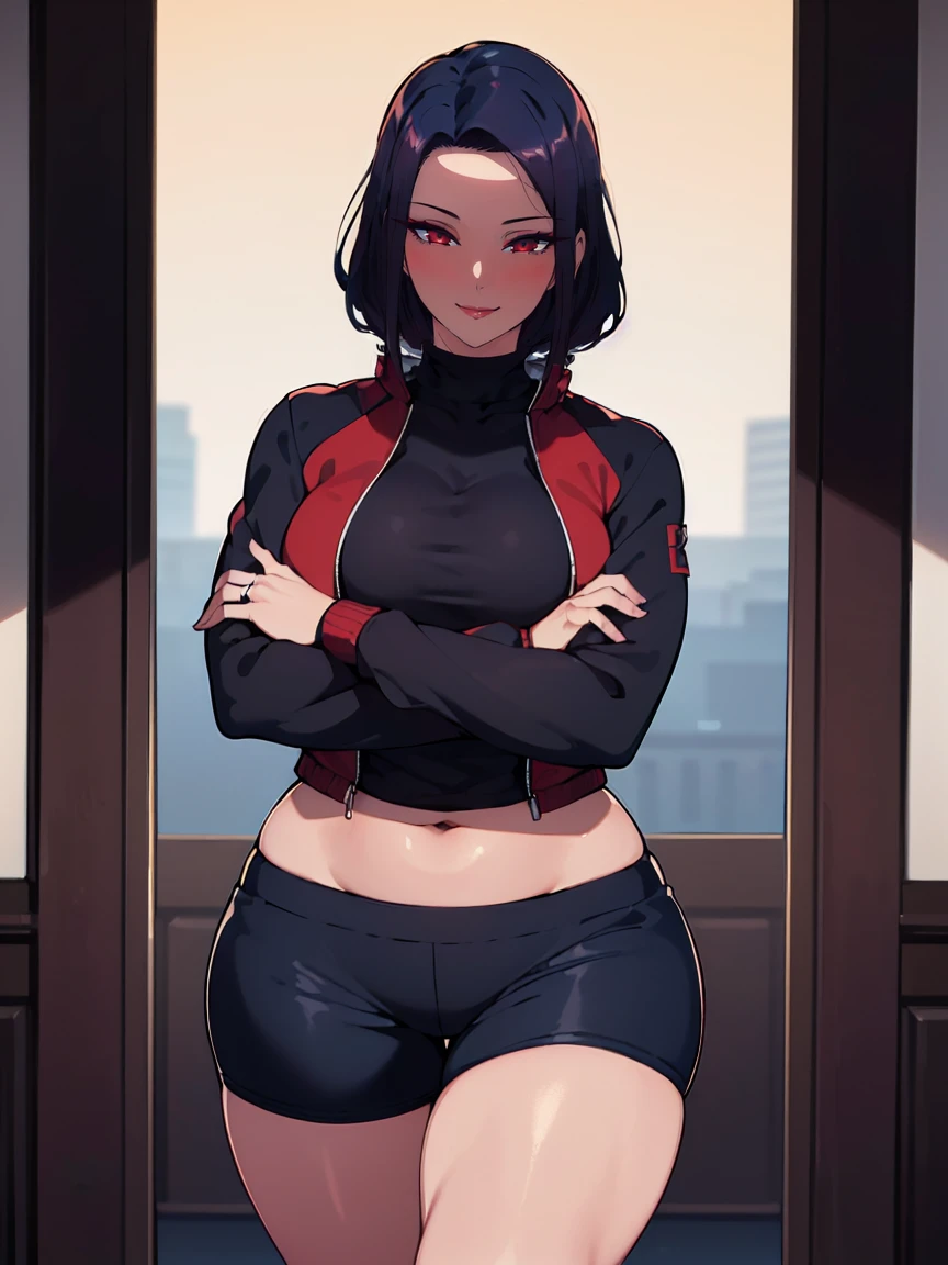 (Uhd, Masterpiece, Textured Skin, Super Detail, High Details, High Quality, Best Quality), 1woman, mature pretty woman, ((Thicc body, wide hips, thick thighs)), red eyes, blue straight hair, tall, (Crop black top, jacket), (black shorts), (Crossed arms:1.5)
