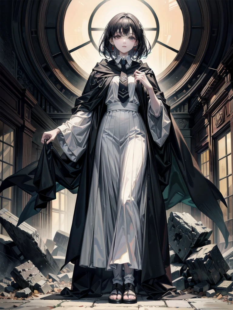 whole body, hogwarts teacher, necktie, cloak, absurdres, RAW photo, extremely delicate and beautiful, masterpiece, Best Quality, ultra high resolution, 32k, hyperrealistic, ultra-detailed, perfect figure, perfect shape, detailed description, pale skin, 20 years old, detailed beautiful face and eyes, tearful mole, earring, short medium hair, wavy hair, black hair,
