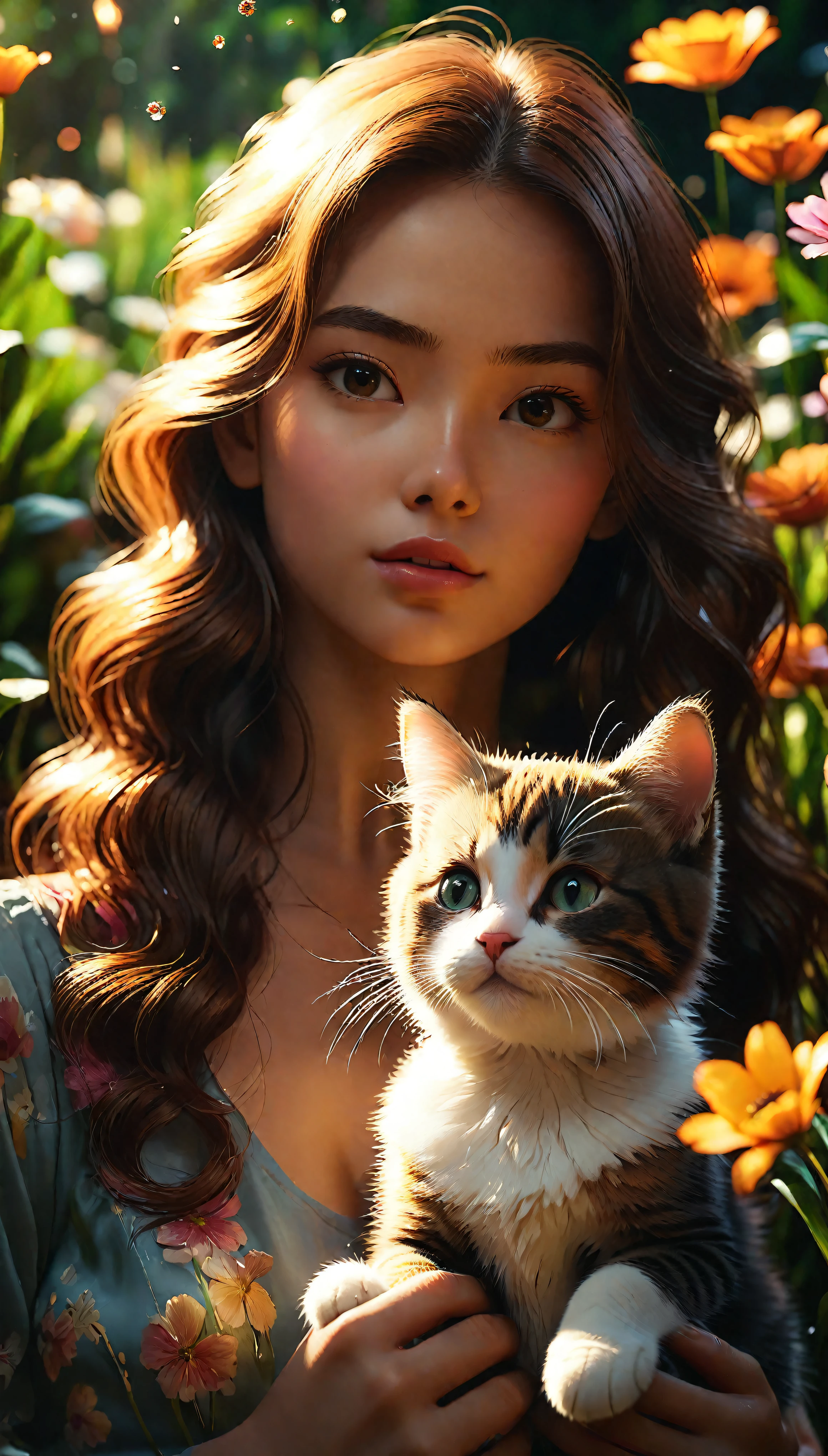 ((Masterpiece in maximum 16K resolution):1.6),((soft_color_photograpy:)1.5), ((Ultra-Detailed):1.4),((Movie-like still images and dynamic angles):1.3). | (Macro shot cinematic photo of beautiful Girl's and her cute cat), (Beautiful Girl), (focus on the cute Cat), (macro lens), (flower garden with a pond), (summer light), (tyndall effect), (Warm atmosphere), (shimmer), (light reflections), (visual experience),(Realism), (Realistic),award-winning graphics, dark shot, film grain, extremely detailed, Digital Art, rtx, Unreal Engine, scene concept anti glare effect, All captured with sharp focus. | Rendered in ultra-high definition with UHD and retina quality, this masterpiece ensures anatomical correctness and textured skin with super detail. With a focus on high quality and accuracy, this award-winning portrayal captures every nuance in stunning 16k resolution, immersing viewers in its lifelike depiction. | ((perfect_composition, perfect_design, perfect_layout, perfect_detail, ultra_detailed)), ((enhance_all, fix_everything)), More Detail, Enhance.