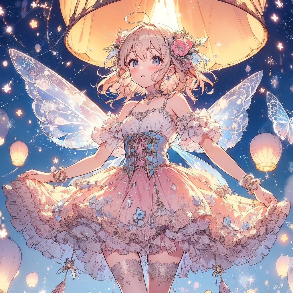(An exquisite and beautiful highly detailed masterpiece, High quality and high resolution),(A cute and delicate illustration of a beautiful girl in pastel colors with a neat and clear face drawn with thin lines),A fairy happily flying in the sky against the background of sky lanterns flying beautifully into the sky on a sparkling starry night,A fairy with beautiful fairy wings growing from her back, wearing a frilly dress with an open neckline and knee-high socks decorated with lace, frills and ribbons, and a corset.,She is wearing a tiara, necklace, earrings and bracelet.,(A fair-skinned, short eyebrowed fairy with pale pink cheeks, a small toothless mouth with plump pink lips, beautiful eyes, and a fairly large, fluffy bust.),Lanterns fly up into the sky and the moon, stars and shooting stars are visible,Watercolor illustrations with vibrant colors, striking colors, and dynamic angles,Dream Cute,