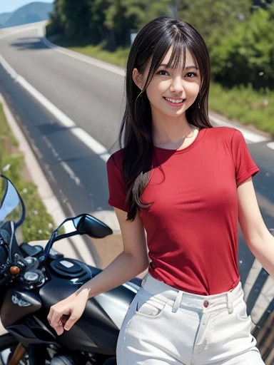a lot of details, (slender waist), 30 years old, detailed black hair, beautiful detailed hair, super fucking beautiful, complex details beautiful and delicate eyes, perfect hands, (small breasts best quality), perfect and delicate limbs, detailed skin, best quality, ultra-detailed,(cheerful grin:1.5),
yamaha,motorcycle and female,(Attacking corners on a mountain pass on a motorcycle:1.4),red t-shirt, white shorts