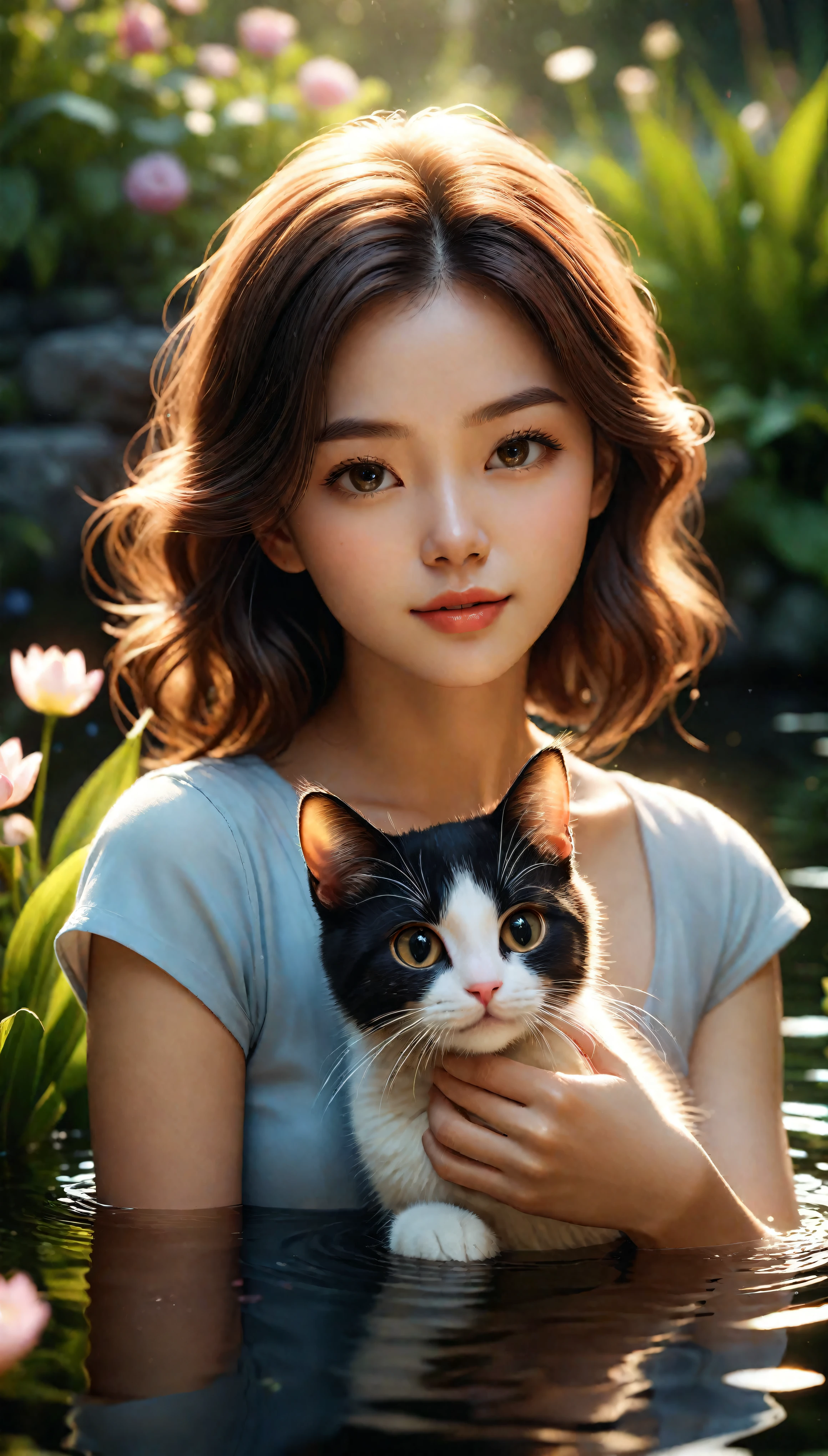 ((Masterpiece in maximum 16K resolution):1.6),((soft_color_photograpy:)1.5), ((Ultra-Detailed):1.4),((Movie-like still images and dynamic angles):1.3). | (Macro shot cinematic photo of beautiful Girl's and her cute cat), (Beautiful Girl), (focus on the cute Cat), (macro lens), (flower garden with a pond), (summer light), (tyndall effect), (Warm atmosphere), (shimmer), (light reflections), (visual experience),(Realism), (Realistic),award-winning graphics, dark shot, film grain, extremely detailed, Digital Art, rtx, Unreal Engine, scene concept anti glare effect, All captured with sharp focus. | Rendered in ultra-high definition with UHD and retina quality, this masterpiece ensures anatomical correctness and textured skin with super detail. With a focus on high quality and accuracy, this award-winning portrayal captures every nuance in stunning 16k resolution, immersing viewers in its lifelike depiction. | ((perfect_composition, perfect_design, perfect_layout, perfect_detail, ultra_detailed)), ((enhance_all, fix_everything)), More Detail, Enhance.