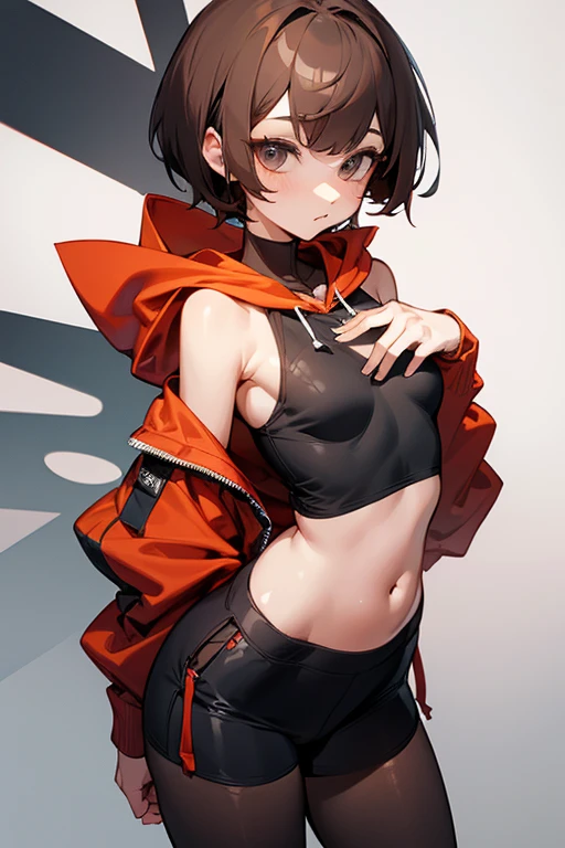 Cute girl 、Grey-based design、Grey clotheonotone fashion、Belly button、Shoulder、slender、黒いTight clothing、Pixie Cut、Sporty、Grown-up、24-years-old、Red-brown hair、Oversized Shorts、Oversized hoodie、Translucent tightesh tights、Off-the-shoulder hoodie、See-through design、Short skirt、