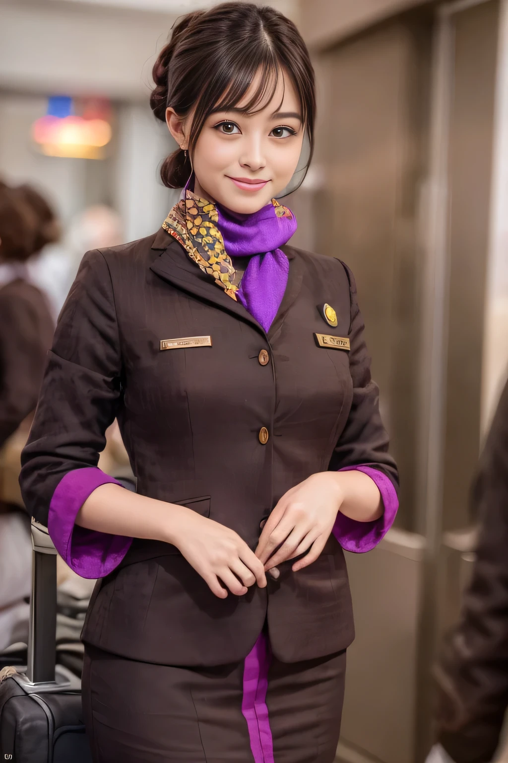 (masterpiece:1.2、highest quality:1.2)、32K HDR、High resolution、(alone、1 girl、Slim figure)、(A realistic reproduction of the ETIHAD Airways Cabincrew Uniform)、 (At the airport counter, Professional Lighting)、Airport counter wall background、A proper woman, Beautiful Face,、(Long sleeve ETIHAD Airways Cabincrew Uniform)、(ETIHAD Airways Cabincrew Uniform skirt with purple stripe on the front)、(scarf on chest)、Big Breasts、(Long Hair Up、Hair Bun)、Dark brown hair、Long Shot、((Great hands:2.0))、((Harmonious body proportions:1.5))、((Normal limbs:2.0))、((Normal finger:2.0))、((Delicate eyes:2.0))、((Normal eyes:2.0)))、Beautiful standing posture、smile、Place your hands around your stomach