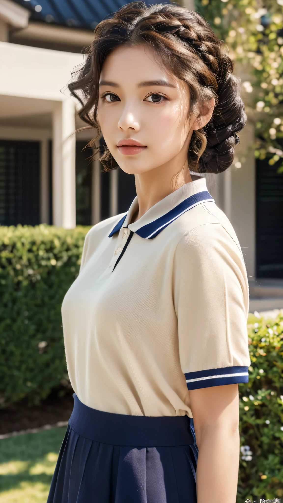 a beautiful woman with tan skin and curly black hair in an intricate braided hairstyle on top of her head, with long flowing straight hair, wearing a navy blue polo shirt and a black billowing skirt, in front of a modern and contemporary house background, (best quality,4k,8k,highres,masterpiece:1.2),ultra-detailed,(realistic,photorealistic,photo-realistic:1.37),extremely detailed eyes and face,longeyelashes,detailed braided hairstyle,flowing hair,navy blue polo shirt,black billowing skirt,modern and contemporary house,natural lighting,warm color tones