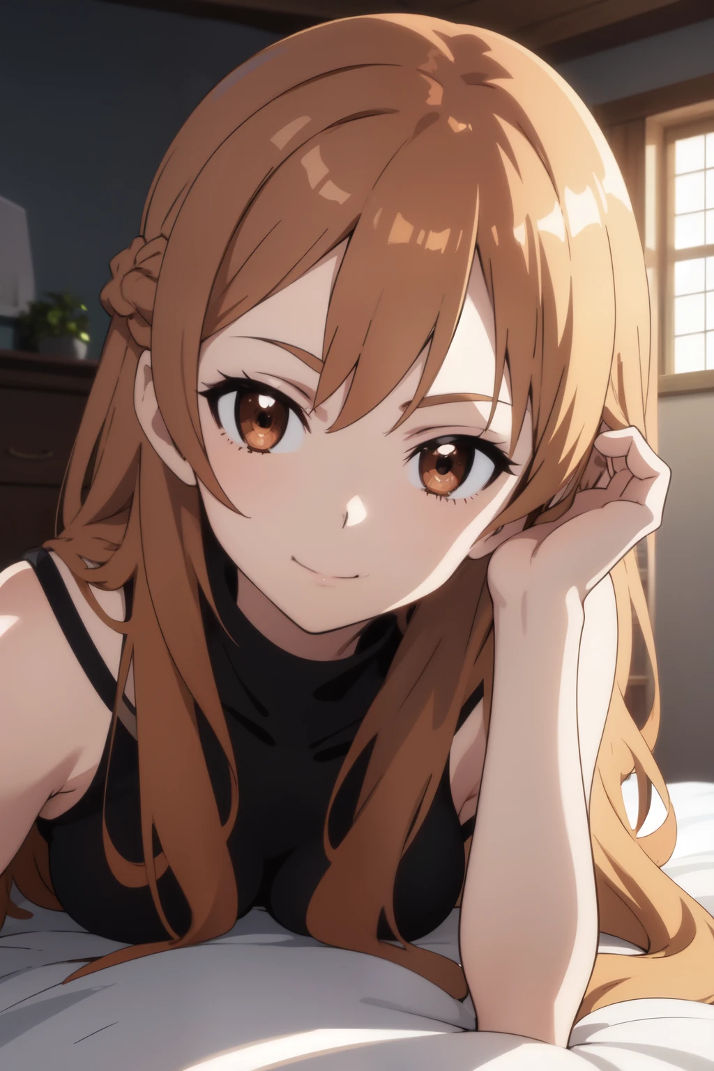 Anime background art, bottom of room, one bed, lying on a bed, beautiful anime scenes, 4K anime art wallpaper, 4k anime art wallpaper, Rosla global illumination, anime girl, best quality, detailed, 1 girl, alone, same as LORA, same as lora, closed mouth, smile, brown hair color, lora hairstyle, long hair, defined eyes, light brown eyes, looking at viewer, perfect face, perfect eyes, lora costume, big tits.