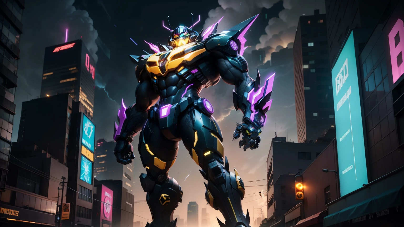 A muscular Bumblebee from Transformers, embodying raw power and sleek mechanical elegance, wreaks havoc in a small city under a soft neon glow. In a full body shot, his towering form can be seen dominating the skyline as he joins the destructive symphony with disastrous consequences, leaving a trail of rubble behind him. The neon lights flicker in the background, casting a surreal, ethereal hue onto the urban landscape, contrasting eerily with the chaos and violence unfolding.