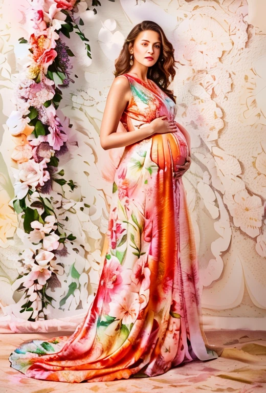 pregnant woman in colorful dress standing in front of floral wall, maternal photography 4 k, floral painted backdrop, floral art novuea dress, lady with glowing flowers dress, full body portrait painting, wearing a long flowery dress, flowing gown, wearing floral chiton, full body portrait shot, colorful backdrop, full body portrait, long luxurious flowing gown, beautiful gown