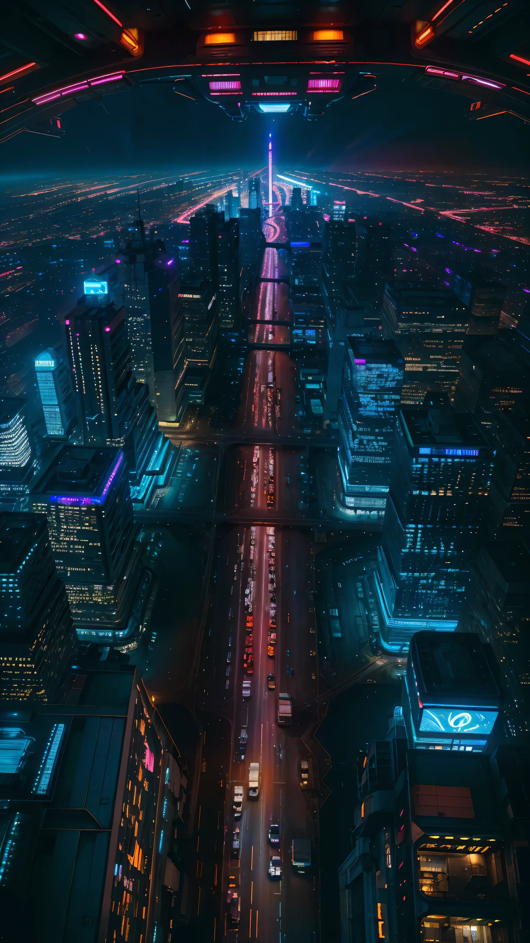 concept:(((This is an aerial photographic art work of a near-future city depicting a cyberpunk worldview.)))。 

quality:(highest quality, 4K, 8K, High resolution, masterpiece:1.2), Super detailed, (realistic, Photo realistic, Photo realistic:1.37), 

illumination:cinematic light, Bright colors and mesmerizing effects, contrast between darkness and bright light, shadows and highlights, SF elements, 

Subject information:Aerial photo of Cyber City, from above, skyscraper, futuristic architecture, glowing neon lights, amazing skyline, advanced technology, ((hovering vehicle, flying drone)), (((A beautiful image of a cyber city drawn from the perspective of &quot;from above&quot;:1.3)))

Other details:lively atmosphere, holographic advertising, cyberpunk aesthetics, bluish tones, some stars shining in the sky, space background, Emerging Technologies, urban density, energy and excitement, metropolis of the future, eye-catching composition, neon glow, rich colors, smooth brush stroke technique, detailed texture, Impressive scale, (((cyberpunk design))), elaborate design, Impressive scale, Atmospheric illumination, Captivating details, captivating visuals, Artistic masterpiece, 500㎜, f/4, photo shoot,
