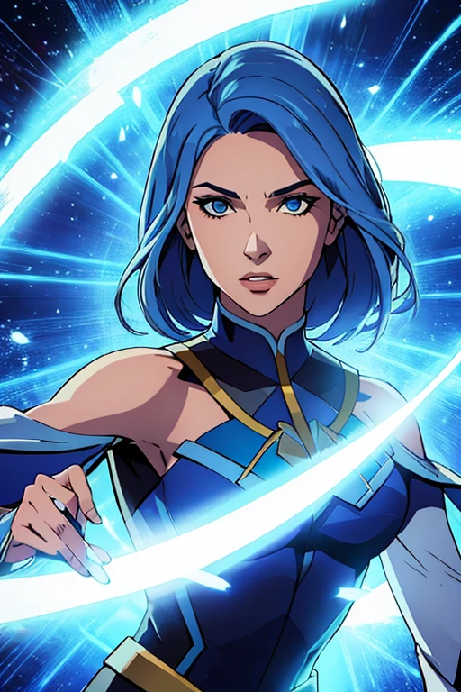 crie um personagem feminino, com cabelos loiros, ela tem o poder de se multiplicar, make it with copies of yourself, usa um traje preto com detalhes em azul , symbolizing your powers of multiplication, .