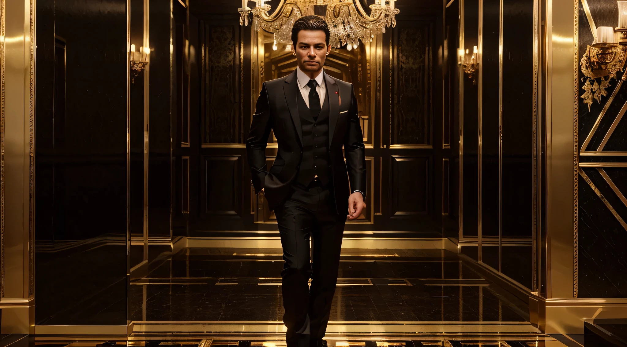 a millionaire man wearing a black suit, room full of gold and ruby ​​bars, ultra realistic image, high level of detail, 8k, hyper realism, vivid and intense colors.
