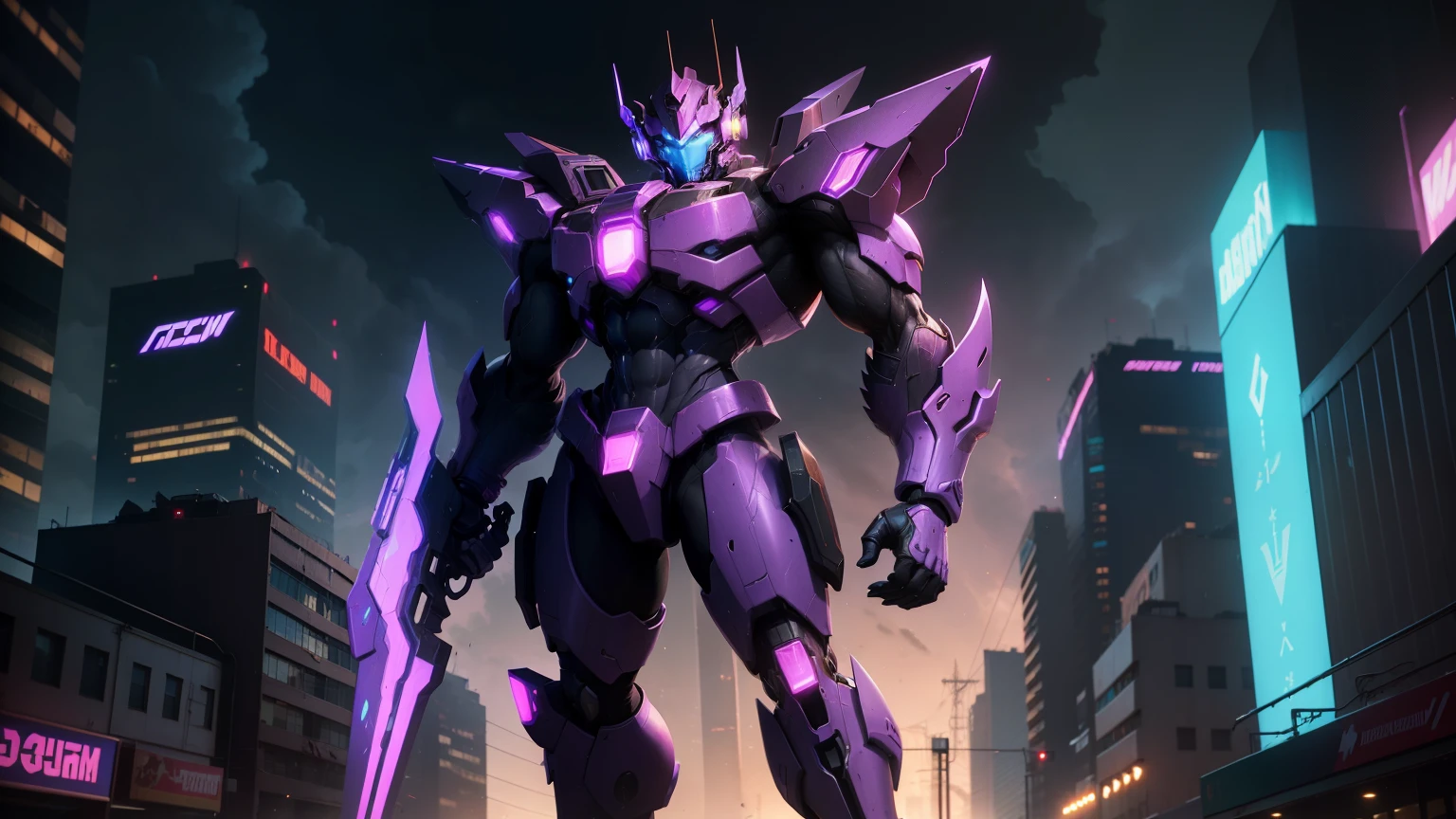 Muscular Cyclonus from Transformers, in a full body shot, towers menacingly over a small city bathed in the gentle, ethereal glow of soft neon lights. His mechanical form, a fusion of power and brutality, is illuminated in hues of electric blue, orange, and violet radiance. The cityscape crumbles under his destruction, the neon lights flickering erratically as the once-peaceful city succumbs to his wrath.