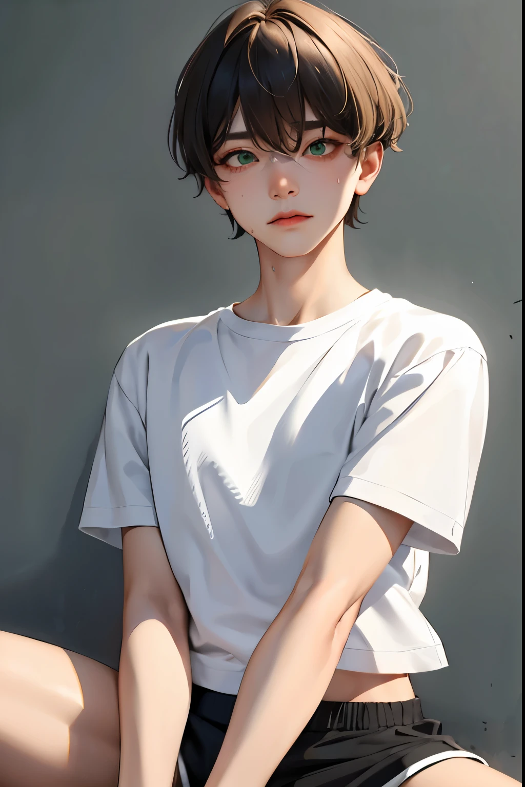 (masterpiece:1.2, best quality), (real picture, intricate details), 1guy, solo, upper body, sitting down, sitting on ground, showing legs, casual, REALLY short hair, minimal makeup, natural fabrics, close-up face, tired, sweaty, physical activity, tired face, tired expression, school, short platinum blonde hair, short hair, really short hair, bangs, green eyes, femboy, male, feminine male, femboy, femboy PE, school PE shorts, athletic shorts, tight shirt, femboy torso, black athletic shorts, sweaty, sweat, bangs on forehead, Korean bangs, cute bangs, femboy face, 1adult, 1 femboy, 1 man, (showing head and upper body), (school settings), tight shirt, (sweaty shirt), (femboy body), (short bulge), (boy hair) (short boy hair)