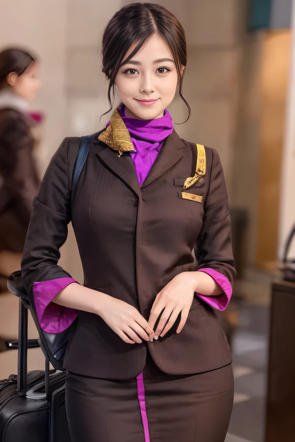 (masterpiece:1.2、highest quality:1.2)、32K HDR、High resolution、(alone、1 girl、Slim figure)、（A realistic reproduction of the ETIHAD Airways Cabincrew Uniform）、 (At the airport counter, Professional Lighting)、Airport counter wall background、A proper woman, Beautiful Face,、（Long sleeve ETIHAD Airways Cabincrew Uniform）、（ETIHAD Airways Cabincrew Uniform skirt with purple stripe on the front）、（scarf on chest）、Big Breasts、（Long Hair Up、Hair Bun）、Dark brown hair、Long Shot、（（Great hands：2.0））、（（Harmonious body proportions：1.5））、（（Normal limbs：2.0））、（（Normal finger：2.0））、（（Delicate eyes：2.0））、（（Normal eyes：2.0））)、Beautiful standing posture、smile、Place your hands around your stomach