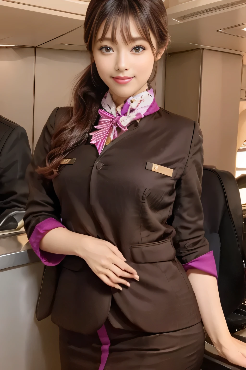 (masterpiece:1.2、highest quality:1.2)、32K HDR、High resolution、(alone、1 girl、Slim figure)、(A realistic reproduction of the ETIHAD Airways Cabincrew Uniform)、 (At the airport counter, Professional Lighting)、Airport counter wall background、A proper woman, Beautiful Face,、(Long sleeve ETIHAD Airways Cabincrew Uniform)、(ETIHAD Airways Cabincrew Uniform skirt with purple stripe on the front)、(scarf on chest)、Big Breasts、(Long Hair Up、Hair Bun)、Dark brown hair、Long Shot、((Great hands:2.0))、((Harmonious body proportions:1.5))、((Normal limbs:2.0))、((Normal finger:2.0))、((Delicate eyes:2.0))、((Normal eyes:2.0)))、Beautiful standing posture、smile、Place your hands around your stomach