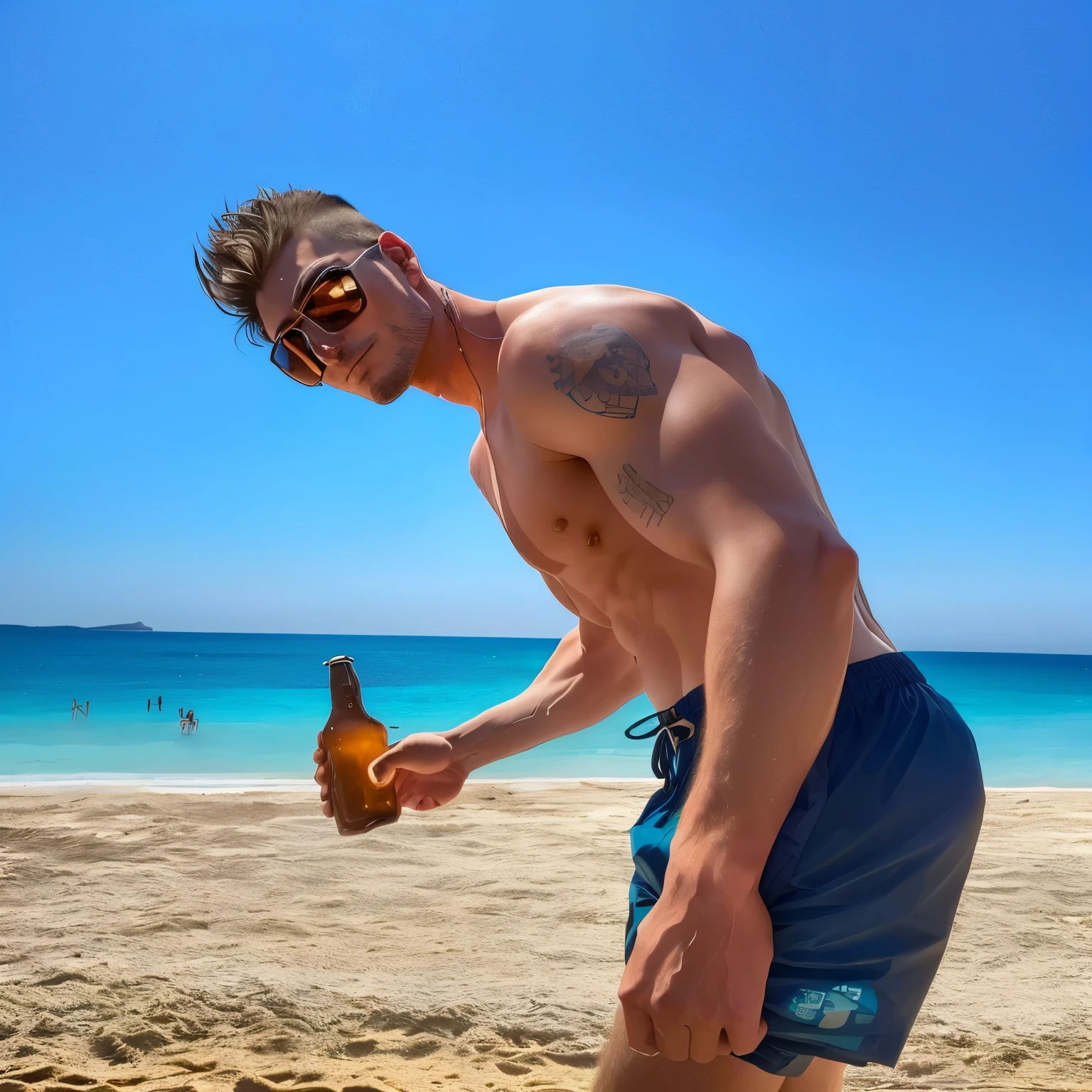 there is a man standing on the beach holding a beer, posing on a beach with the ocean, holding a beer!!, posing on the beach, at a beach  in ibiza, holding beer, in the beach, holding a beer, beach pic, at the beach, holding a bottle of beer, vacation photo, on a sunny beach, getting his tacos and drink)