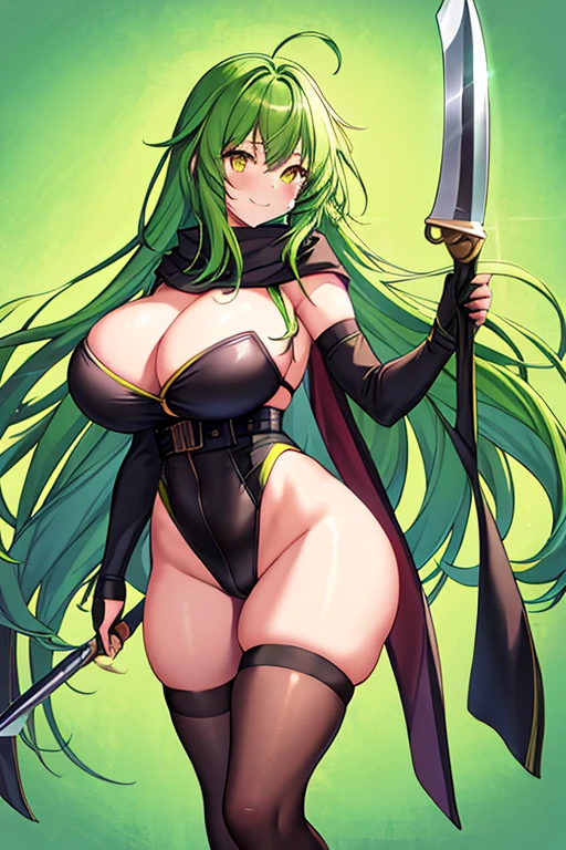 1girl, green hair, long hair, yellow eyes, light smile, glowing eyes, large breasts, thick thighs, athletic female, toned, leotard, black leotard, thighhighs, arm strap, thigh strap, black thighhighs, belt, knife, pantyhose, black pantyhose, ninja, kunoichi, scarf, robe, cape, spear