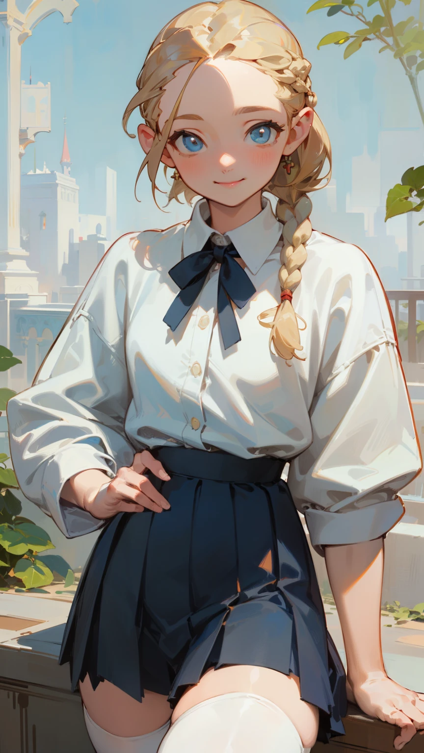 (masterpiece), ((best quality)), (super detailed), (beautiful eyes beautiful details eyes, Clean and delicate face), Single Braided blonde pony tail, parted bangs, forehead, blue eye, smile, white shirt, white mini pleated skirt, thigh high tights, thigh, Alphonse Mucha