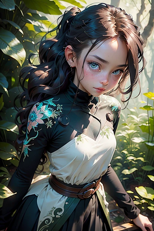 A radiant, blossoming girl, bathed in the soft glow of shades of blue and forest green, strides forward with an iridescent aura of approaching perfection. Her dynamic expression, filled with childhood joy, is centered in the composition, capturing the viewer's gaze as she approaches the camera. The girl's exquisite digital painting, crafted by the masterful hands of Carne Griffiths and Wadim Kashin, showcases a highly detailed, 4k small black skirt flowing gracefully over her long brown hair. Her expressive green eyes, framed by sharp focus and realistic, lifelike detail, radiate an ethereal energy. This captivating