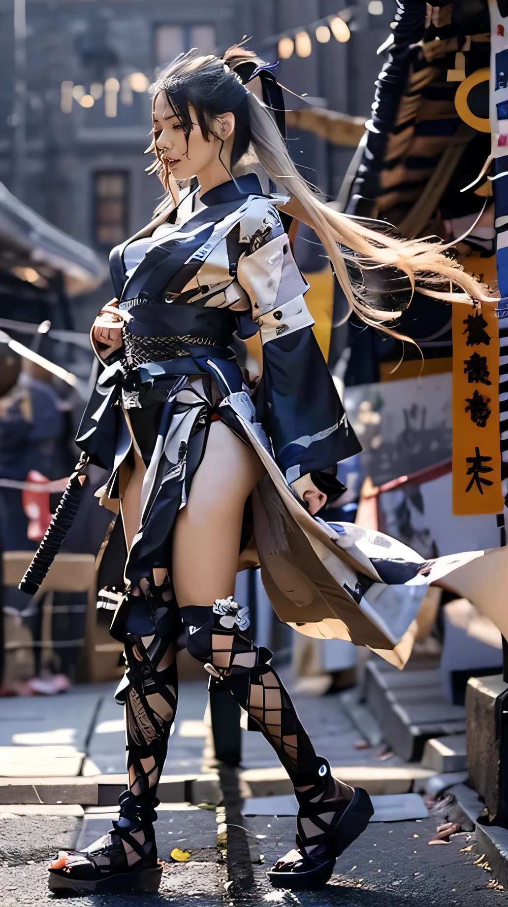 ((The background is the village of Shinobi:1.5)、Female ninja training in the village)、(Realistic、Like a photograph、Live Action、8k, Photorealistic, RAW Photos, Best image quality: 1.4), Single-lens reflex camera、RAW Photos, highest quality, Realistic, Highly detailed CG Unity 8k wallpaper, Written boundary depth, Cinematic Light, Lens flare, Ray Tracing, Realistic background、((waso:1.5、ninjya:1.3、kunoichi:1.4、skirtlift)、Sexy Ninja:1.37、Get into a fighting stance:1.3、Ninjutsu activation:1.2、Trained abdominal muscles、Big Breasts、underwear)、Grey Hair、short hair、Standing in the village、Night Village、((Ultra-dense skin))、 1 girl,Cute Kunoichi、((whole body:1.5)，Looking at the audience:1.1、Glare、I like that style、Pay attention to the details、The perfect outfit、(White skin)、An accurate portrait、Accurate Arm、Accurate feet、Beautiful legs、Precise thighs、Anatomically correct body、View from the front