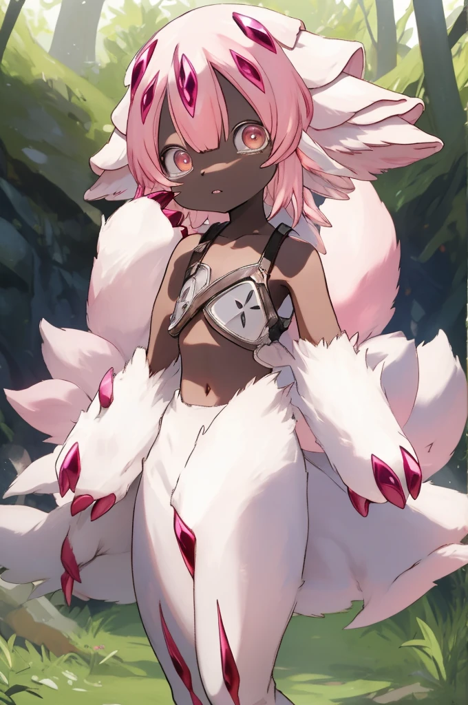 faputa,  made in abyss ,3d, masterpiece, best quality, anime, highly detailed, cowboy shot, 1girl, solo, natsuki, pink eyes, pink hair, medium hair, two side up, hair ribbon, hair ornament, pouty lips,  team rocket,team rocket uniform,white skirt,red letter R,crop top,black thigh-highs,black elbow gloves, barefoot, Focus feet.
