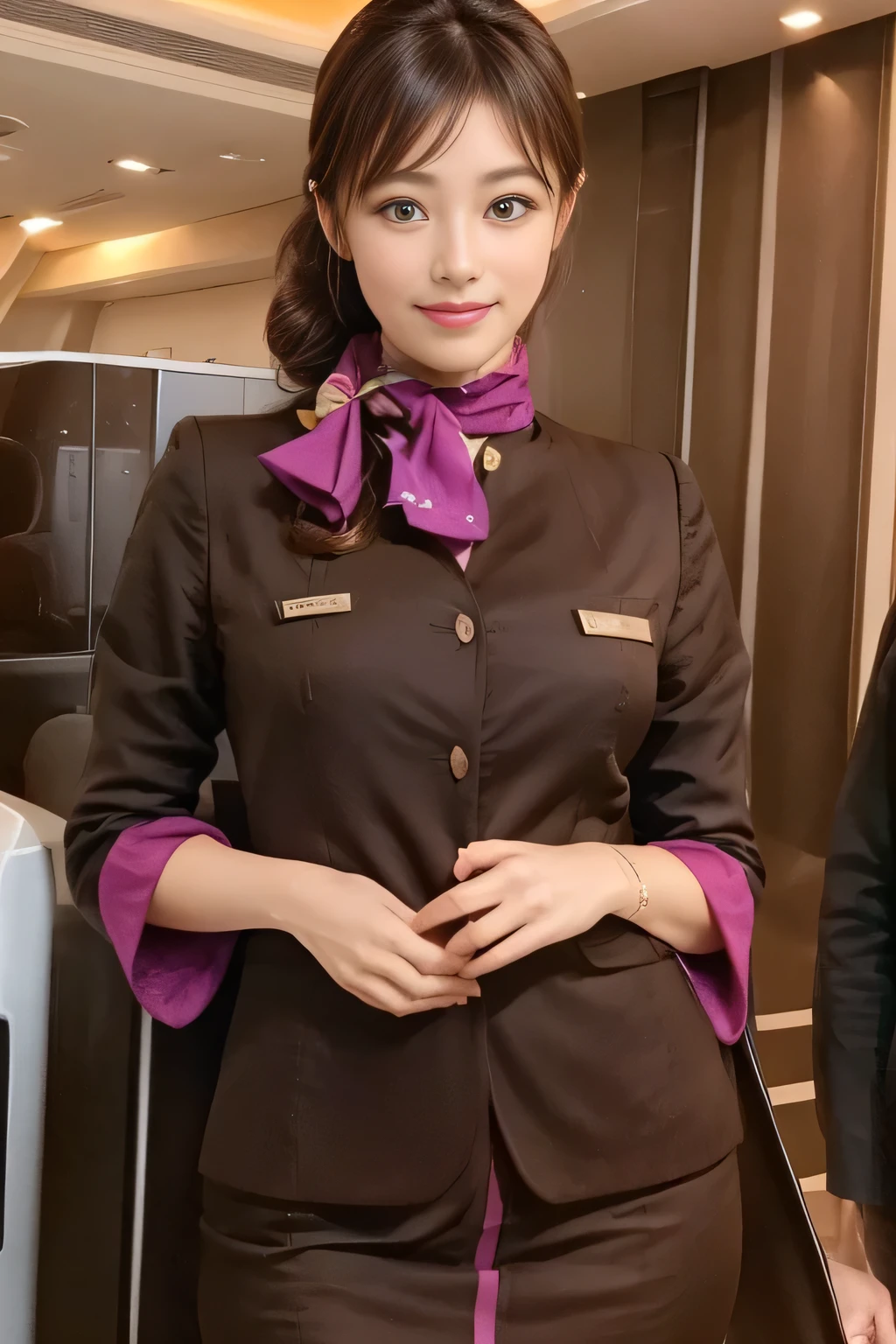 (masterpiece:1.2、highest quality:1.2)、32K HDR、High resolution、(alone、1 girl、Slim figure)、（A realistic reproduction of the ETIHAD Airways Cabincrew Uniform）、 (At the airport counter, Professional Lighting)、Airport counter wall background、A proper woman, Beautiful Face,、（Long sleeve ETIHAD Airways Cabincrew Uniform）、（ETIHAD Airways Cabincrew Uniform skirt with purple stripe on the front）、（scarf on chest）、Big Breasts、（Long Hair Up、Hair Bun）、Dark brown hair、Long Shot、（（Great hands：2.0））、（（Harmonious body proportions：1.5））、（（Normal limbs：2.0））、（（Normal finger：2.0））、（（Delicate eyes：2.0））、（（Normal eyes：2.0））)、Beautiful standing posture、smile、Place your hands around your stomach