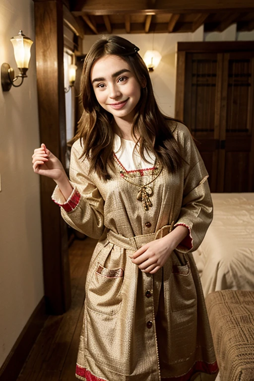 Lily Collins dressed in traditional Peruvian clothing and smiling