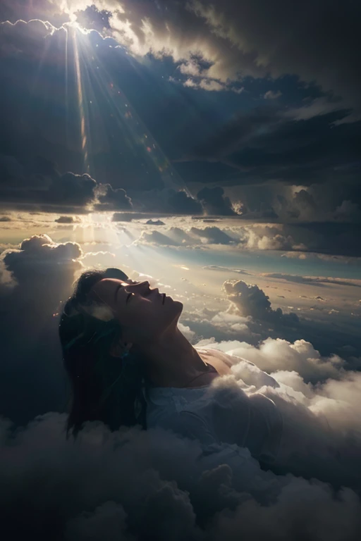 God coming in the clouds with rays and lights in the sky people being caught up to heaven 