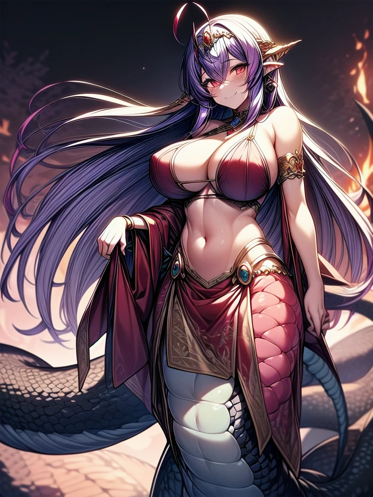 ((best quality)), ((highly detailed)), masterpiece, perfect lighting, 1girl, breasts, monster-girl, long-hair, solo, lamia, purple-hair, red-eyes, navel, large-breasts, fire, hair-intakes, looking-at-viewer, smile, scales, jewelry, bangs, cleavage, arms-up,tiara, pelvic-curtain, closed-mouth, circlet, standing, very-long-hair, hair-between-eyes, sidelocks, bikini, shawl, swimsuit, bare-shoulders, flaming-weapon ,bracelet, antenna-hair, armlet, chain, floating-hair, (lamia,monster girl)