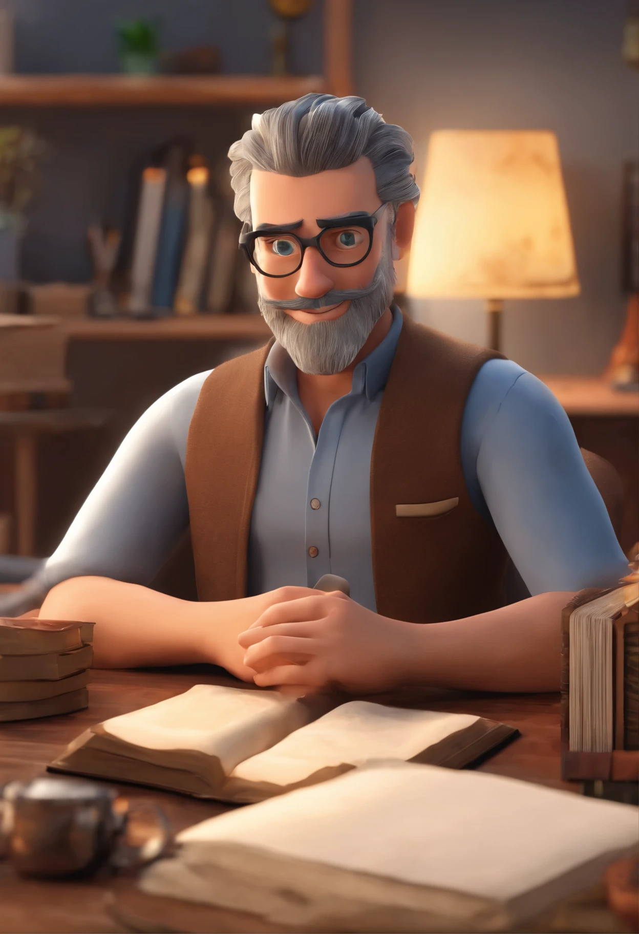 Create a poster inspired by Disney Pixar with the character of Pastor Rubens Janier, Un homme aux cheveux gris portant des lunettes, in an office with a Bible on the table